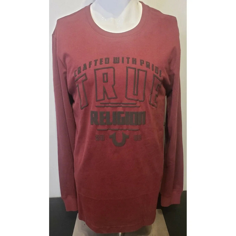 True Religion Mens Sz Medium‎ CWP Crew Longsleeve Basic Lt Sweatshirt Logo Wine